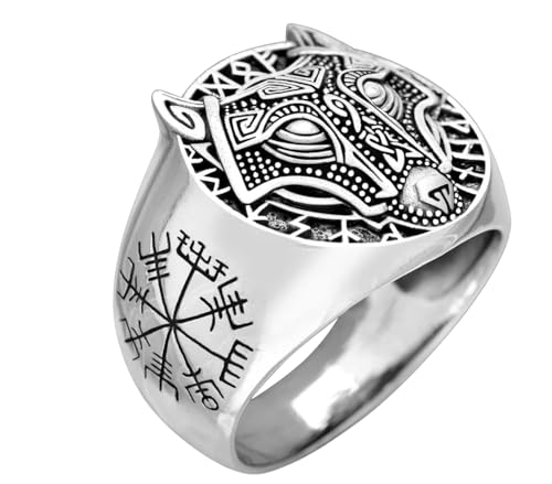 TreasureBay Anillo de lobo grueso para hombre, anillo de cabeza de lobo vikingo nórdico, anillo de calavera...