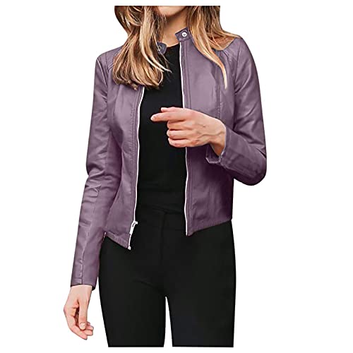 L9WEI Chaqueta de cuero para mujer, moda para mujer, chaqueta delgada, informal, manga larga, abrigo corto,...