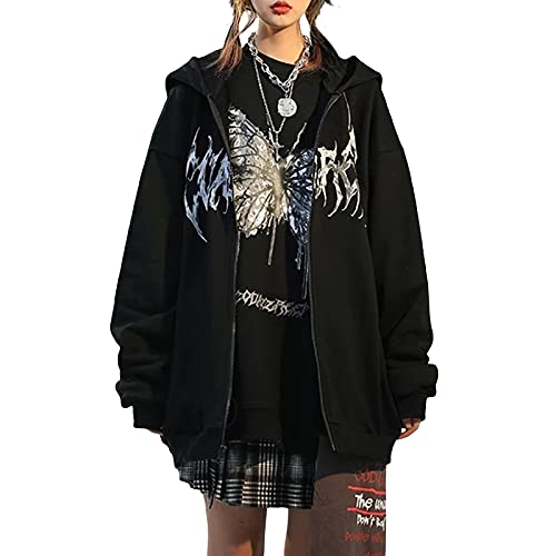 Loalirando Sudadera con capucha estilo gótico Y2K para mujer, con cremallera, estilo Harajuku, estilo casual,...