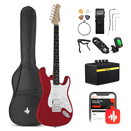 Donner Kit de Guitarra Eléctrica Stratocaster de Tamaño Completo con amplificador, bolsa, capo, correa,...