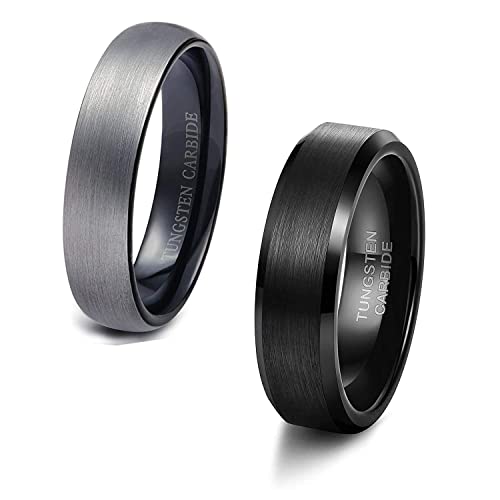 Finrezio 2 Pcs Anillos de Carburo de Tungsteno Negro para Hombres 6Mm Anillo de Pulgar Compromiso de Boda...