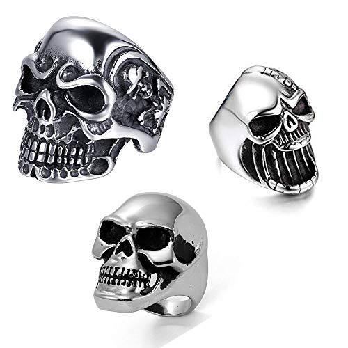 JewelryWe 3 anillos para hombre de acero inoxidable gótico, calavera, abrebotellas, anillo personalizado,...
