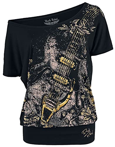 Rock Rebel by EMP Mujer Camiseta Suelta Negra con Estampado de Guitarra S