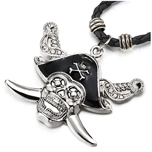 COOLSTEELANDBEYOND Punk Rock Pirata Cráneo con Espada Collar con Colgante de Hombre, con Cordón de Negro...