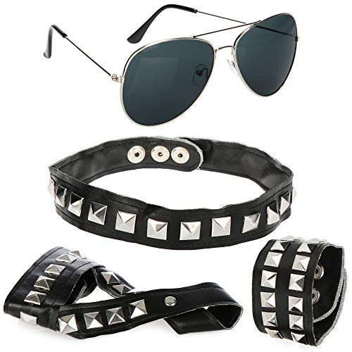 com-four® Juego de rockero de 4 piezas -Gafas de piloto con brazalete, collar y guante en aspecto de cuero...