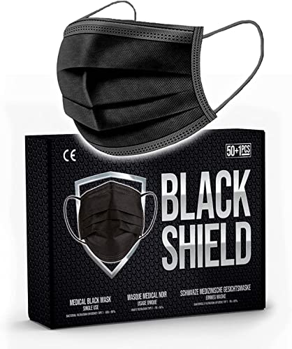 BLACK SHIELD - 51 unidades - Mascarilla Quirúrgica Tipo I Negra - Certificación CE - 3 capas - Filtración...