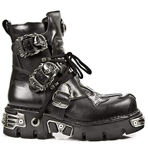 New Rock 107-C5 Botas Unisex en Cuero Azul y Negro con Calavera Gótica Estilo Motociclista Punk 42