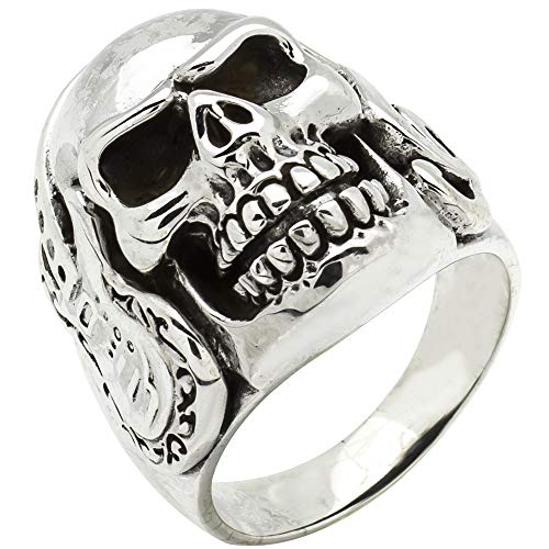 Treasure Bay BikerJewellery - Anillo de plata de ley 925 con diseño de calavera grande y pesada para...