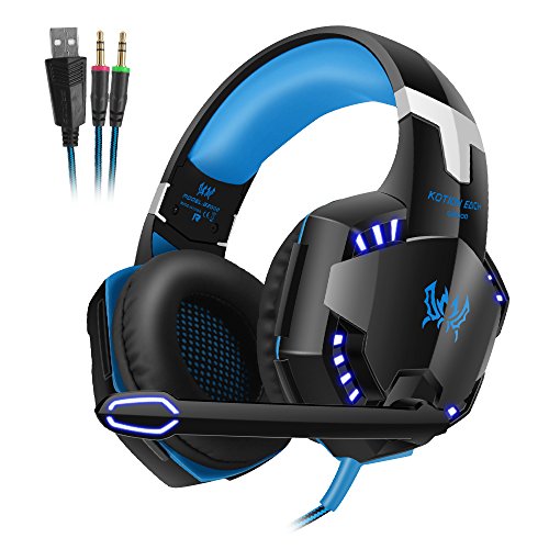 Andoer G2000 - Auriculare (de Diadema Cerrados, LED, USB, 3.5 mm, Cuero), Color Negro y Azul