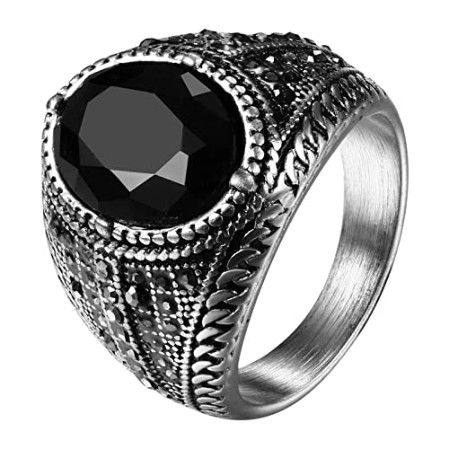 OIDEA Anillo de Acero Inoxidable para Hombre, Anillos de Plata con Piedra Negra Artificial, Estilo Rock...