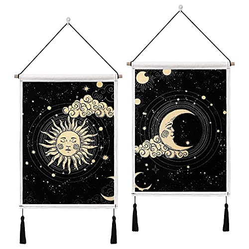 Betylifoy Paquete de 2 Tapices de Pared de Luna y Sol con Borlas Tarot Banner Negro Tapiz para Colgar en la...