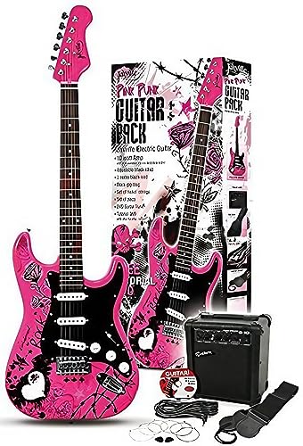 Rockstar - Pack de Guitarra Electrica Stratocaster Rosa Jaxville ST1PPK Kit con Amplificador, Funda, Cuerdas,...