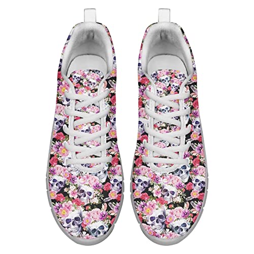 POLERO Zapatillas de Deporte con diseño de Calavera Floral para Mujer, Zapatillas de Correr con Esqueleto,...