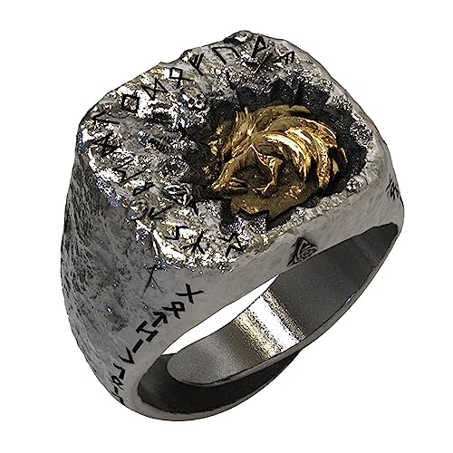 ForFox Anillo Fenrir Cabeza de Lobo Vikingo para Hombre Mujer Anillo nórdico de Plata de Ley 925 con runas...