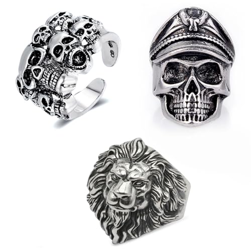 Lithyc Paquete de 3 Anillos de Calavera Para Hombre,Anillos Hombre, Anillo Calavera, Anillo de Hombre...