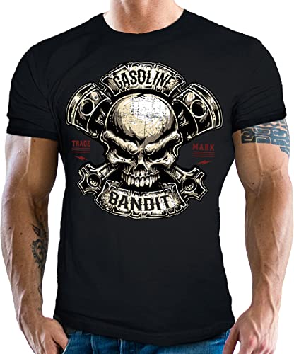 Gasoline Bandit Camiseta de motorista con diseño de calavera de pistón, Negro , L