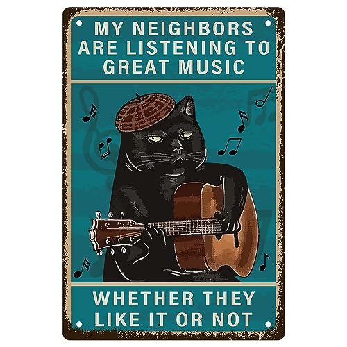 CREATCABIN Gato Guitarra Metal Signs Rock Music Tin Sign Vintage Placas Retro Posters Decor Gallery Wall Art...