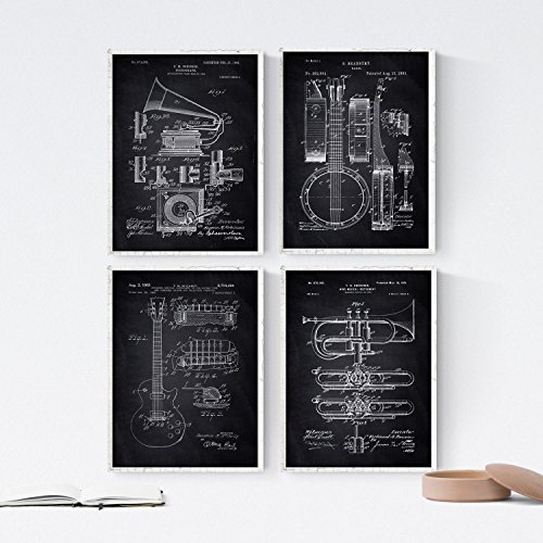 Nacnic Negro - Pack de 4 Láminas con Patentes de Música. Set de Posters con inventos y Patentes Antiguas....