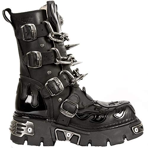 New Rock M.727-S1 Botas Unisex de Cuero Negro con Calavera y Llamas 43