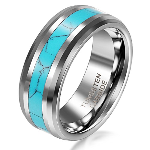 JewelryWe Anillo de tungsteno noble de 8 mm de ajuste cómodo con incrustaciones de turquesa sintética para...