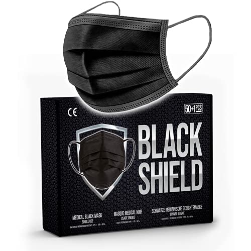 BLACK SHIELD - 51 unidades - Mascarilla Quirúrgica Tipo I Negra - Certificación CE - 3 capas - Filtración...