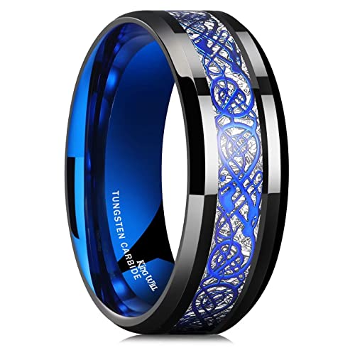 King Will Dragon - Anillo de carburo de tungsteno, diseño celta de dragón, azul y negro, de 8 mm, para...