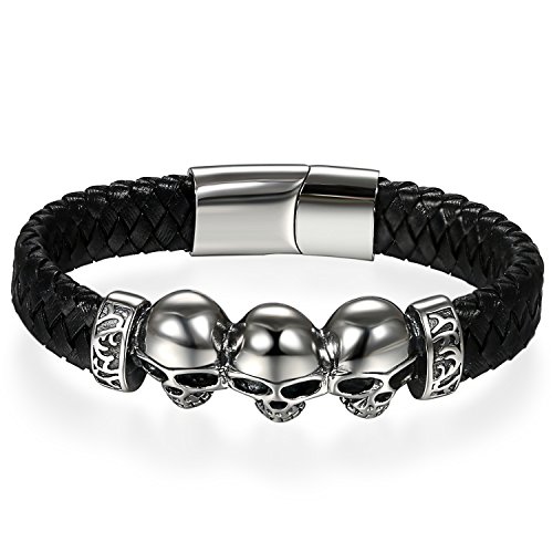 JewelryWe Pulsera de Cráneo para Hombre, Pulsera de Cuero para Hombre Pulsera Punk Rock Negra de Acero...