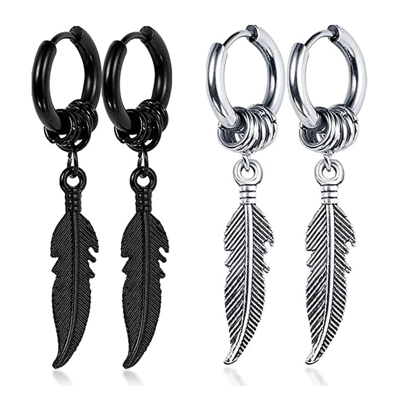 Ozmw 2 Pares de Pendientes Negros para Hombre, Pendientes de Plumas, Pendientes Punk de Acero Inoxidable...